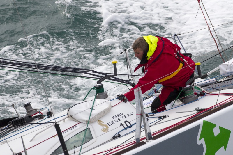 Yann Elies, skipper du Figaro Groupe Queguiner en entrainement pour la Solitaire du Figaro 2014 - Les Glenan le 25/03/2014