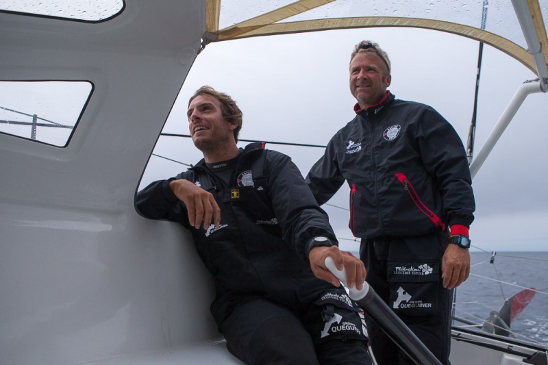 Entrainement a bord du monocoque Imoca Groupe Queguiner-Leucemie Espoir en vue de la Transat Jacques Vabre - Skipper : Yann Elies - Co-Skipper : Charlie Dalin -