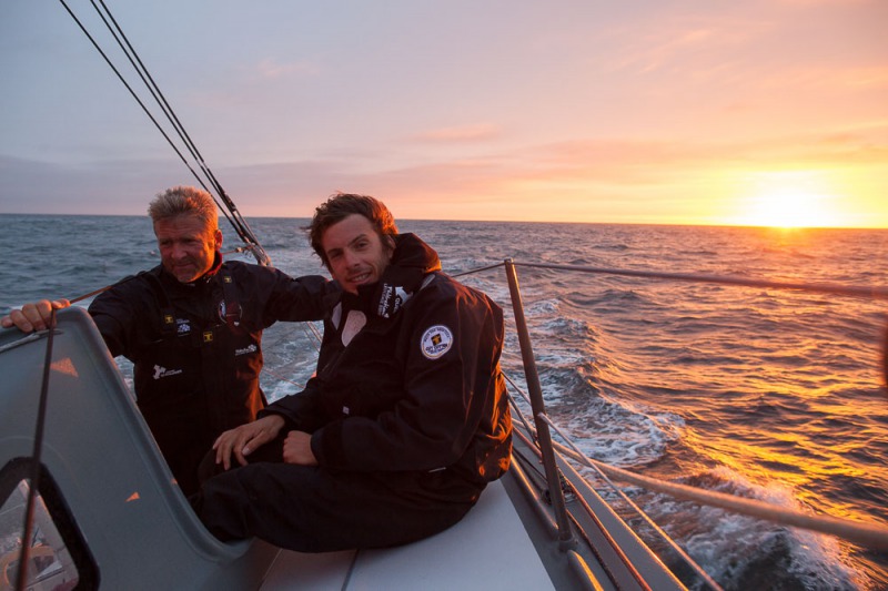 Entrainement a bord du monocoque Imoca Groupe Queguiner-Leucemie Espoir en vue de la Transat Jacques Vabre - Skipper : Yann Elies - Co-Skipper : Charlie Dalin -