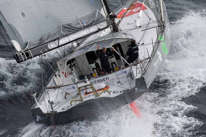 Entrainement du monocoque Imoca Groupe Queguiner-Leucemie Espoir en vue de la Transat Jacques Vabre - Skipper : Yann Elies - Co-Skipper : Charlie Dalin - Le 31/08/2015