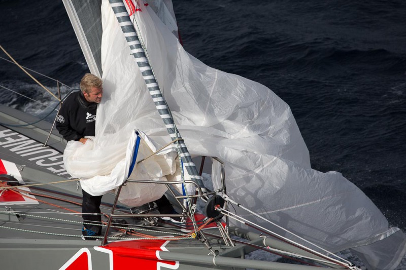 Entrainement du monocoque Imoca Groupe Queguiner-Leucemie Espoir en vue de la Transat Jacques Vabre - Skipper : Yann Elies - Co-Skipper : Charlie Dalin - Le 31/08/2015