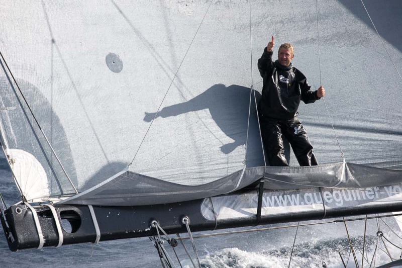 Entrainement du monocoque Imoca Groupe Queguiner-Leucemie Espoir en vue de la Transat Jacques Vabre - Skipper : Yann Elies - Co-Skipper : Charlie Dalin - Le 31/08/2015