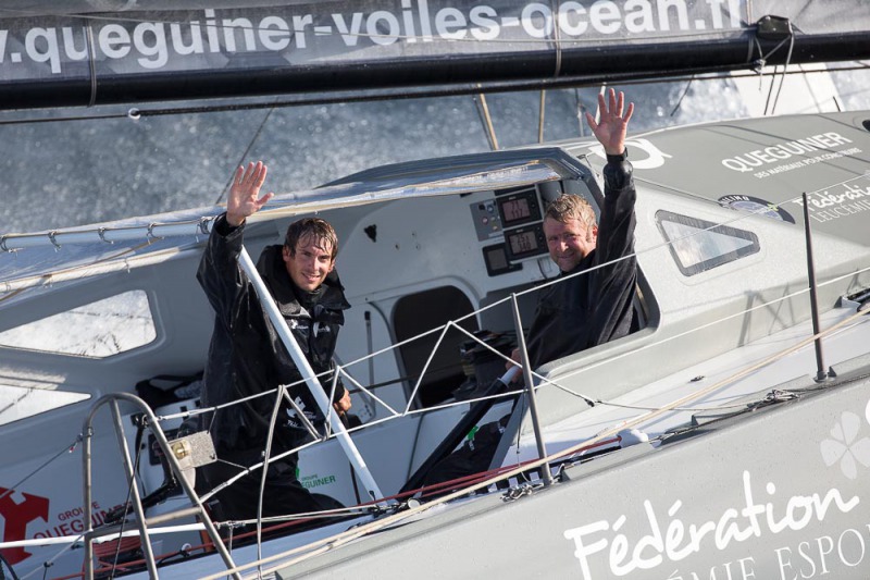 Entrainement du monocoque Imoca Groupe Queguiner-Leucemie Espoir en vue de la Transat Jacques Vabre - Skipper : Yann Elies - Co-Skipper : Charlie Dalin - Le 31/08/2015