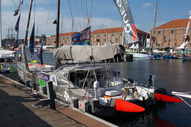 Le Monocoque Imoca Groupe Queguiner-Leucemie Espoir dans le bassin Paul Vatine avant le depart de la Transat Jacques Vabre - Le Havre le 18/10/2015