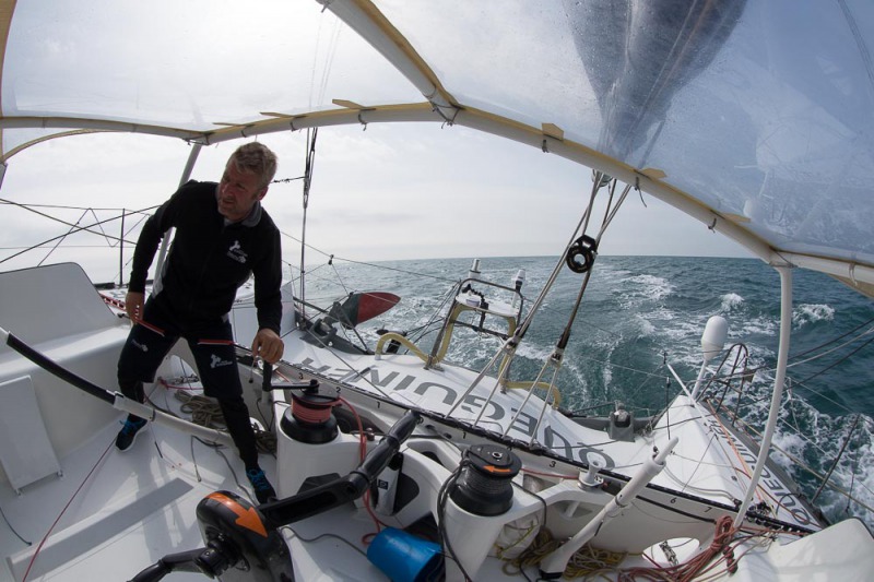 Yann Elies, skipper du monocoque Imoca Groupe Queguiner-Leucemie Espoir en vue de la Transat Jacques Vabre 2015