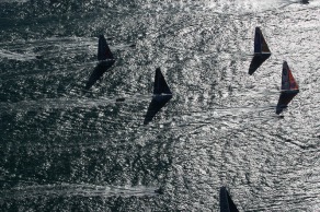 Yann Elies, skipper de l Imoca Queguiner-Leucemie Espoir lors du depart du Vendee Globe 2016 - Les Sables d'Olonne le 06/11/2016