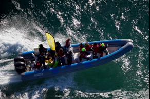 Yann Elies, skipper de l Imoca Queguiner-Leucemie Espoir lors du depart du Vendee Globe 2016 - Les Sables d'Olonne le 06/11/2016