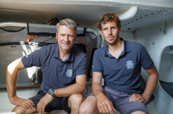 Yann Elies et Tanguy Le Turquais , Skippers Queguiner au depart de la Solo Maitre Coq - Les Sables d Olonne le 25/06/2020