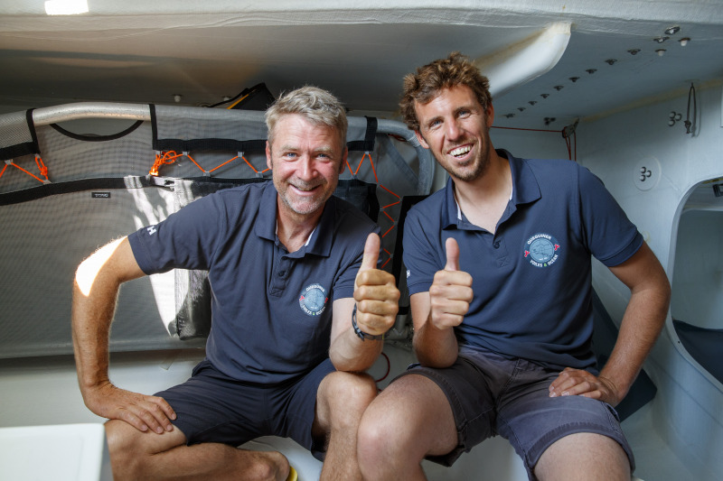 Yann Elies et Tanguy Le Turquais , Skippers Queguiner au depart de la Solo Maitre Coq - Les Sables d Olonne le 25/06/2020